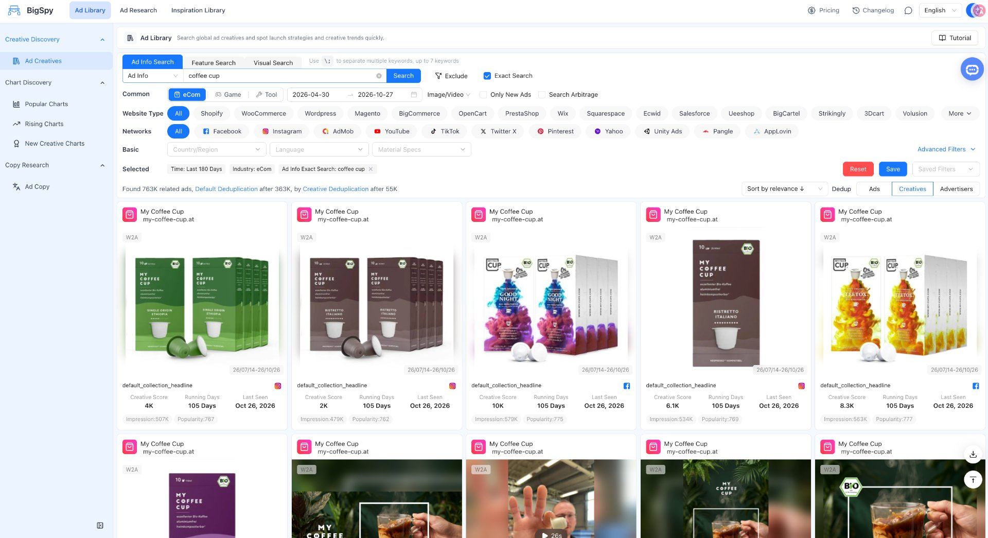 BigSpy search results for a coffee cup ad, showing filters and similar product creatives