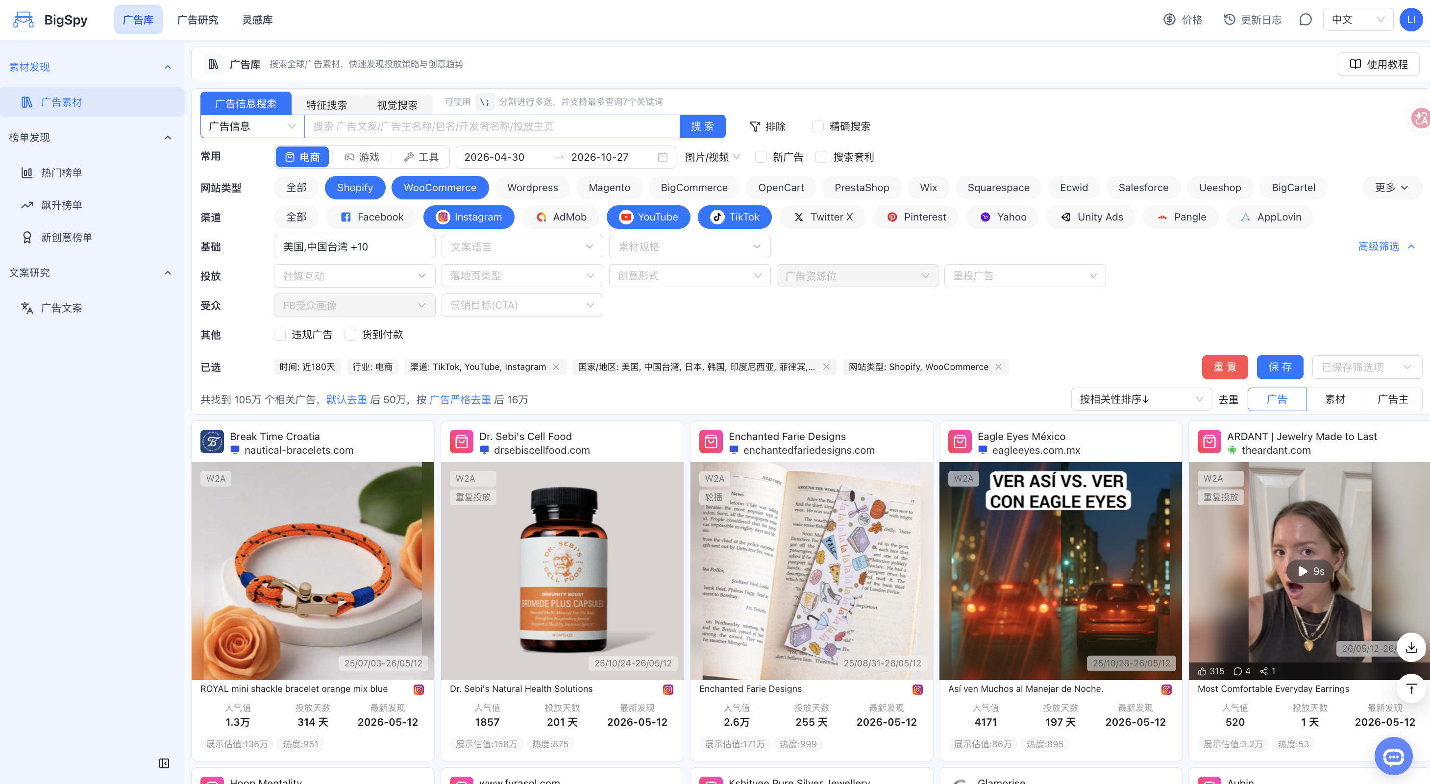 BigSpy 新市场研究示例:多国家地区、Instagram/YouTube/TikTok渠道及Shopify/WooCommerce网站类型筛选