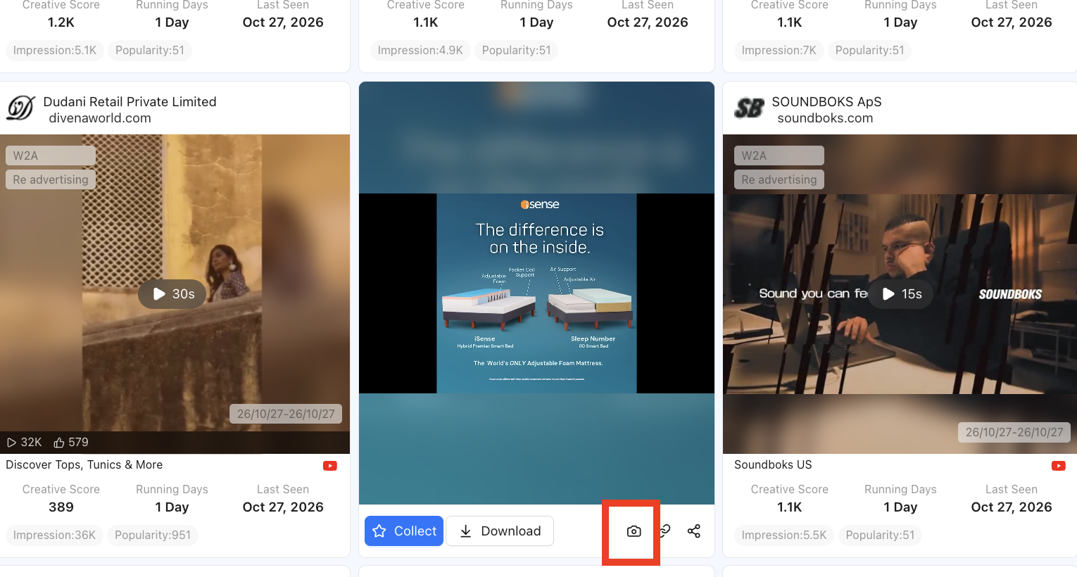 BigSpy ad card feed, with save, download and the camera find-similar entry on each card