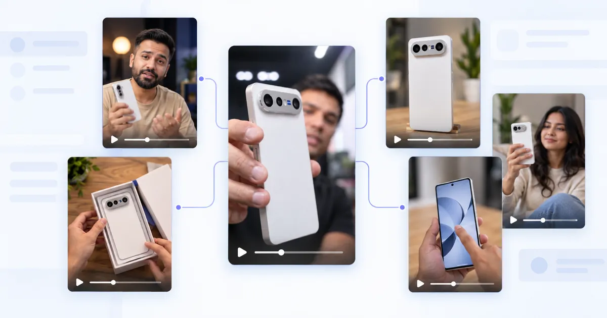 A smartphone video ad connected to related phone review, product showcase, demonstration, and unboxing creatives