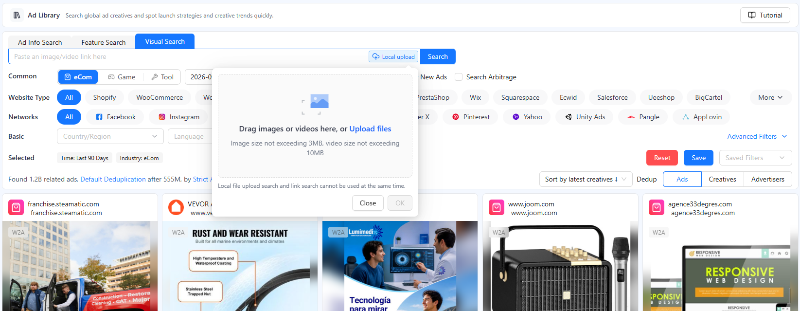 BigSpy Ad Library Visual Search tab with a local image or video upload dialog and search filters