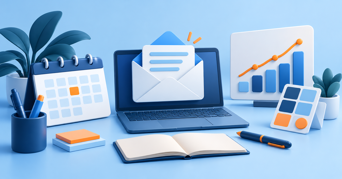 An organized marketer workspace with an email envelope, calendar, analytics chart, design palette and writing tools