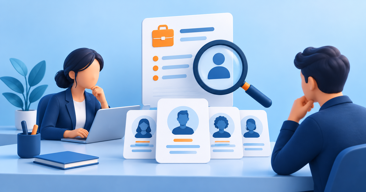 A recruitment desk with anonymous candidate profile cards, a magnifying glass over a job advertising card and people icons