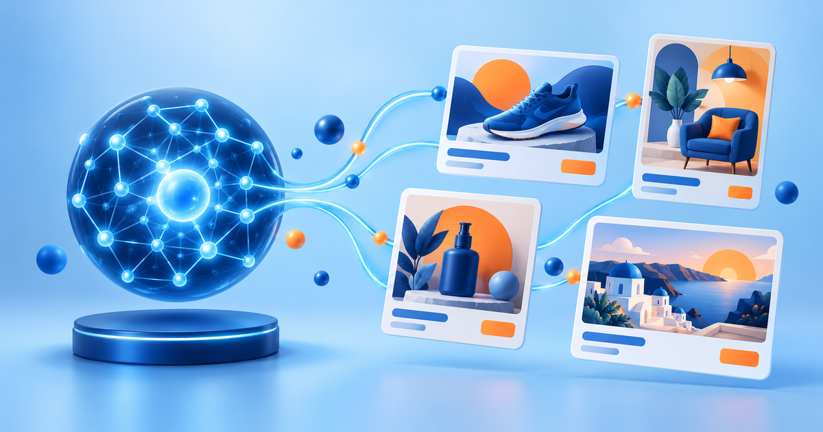 A creative design canvas connecting an abstract AI network to several colorful ad composition cards