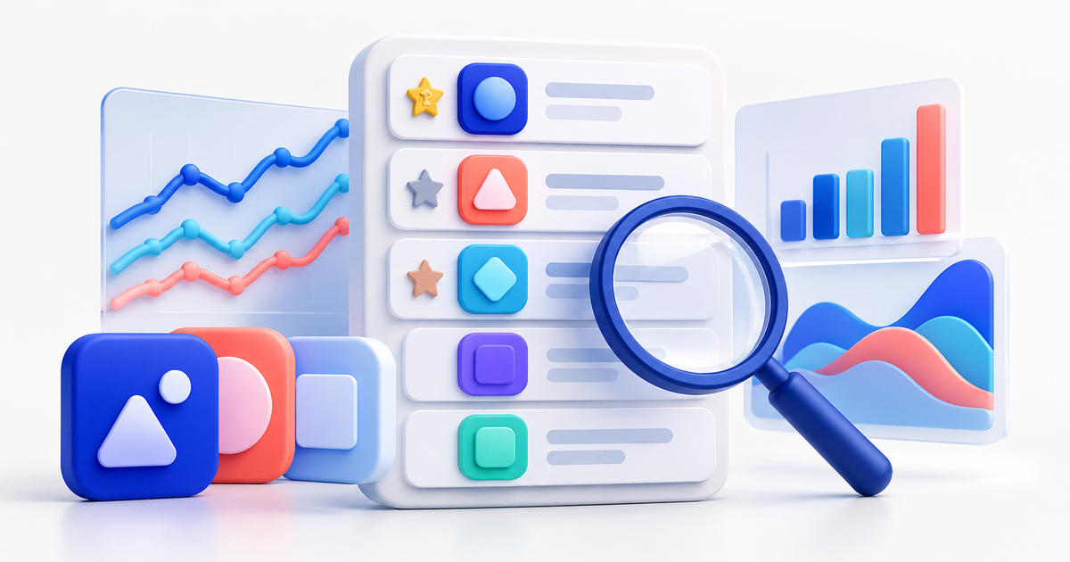 Anonymous app ranking cards, a magnifying glass and trend charts