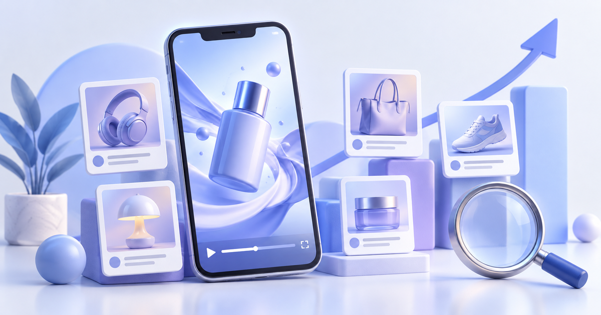 A full-screen phone product ad with e-commerce creative previews and a magnifying glass