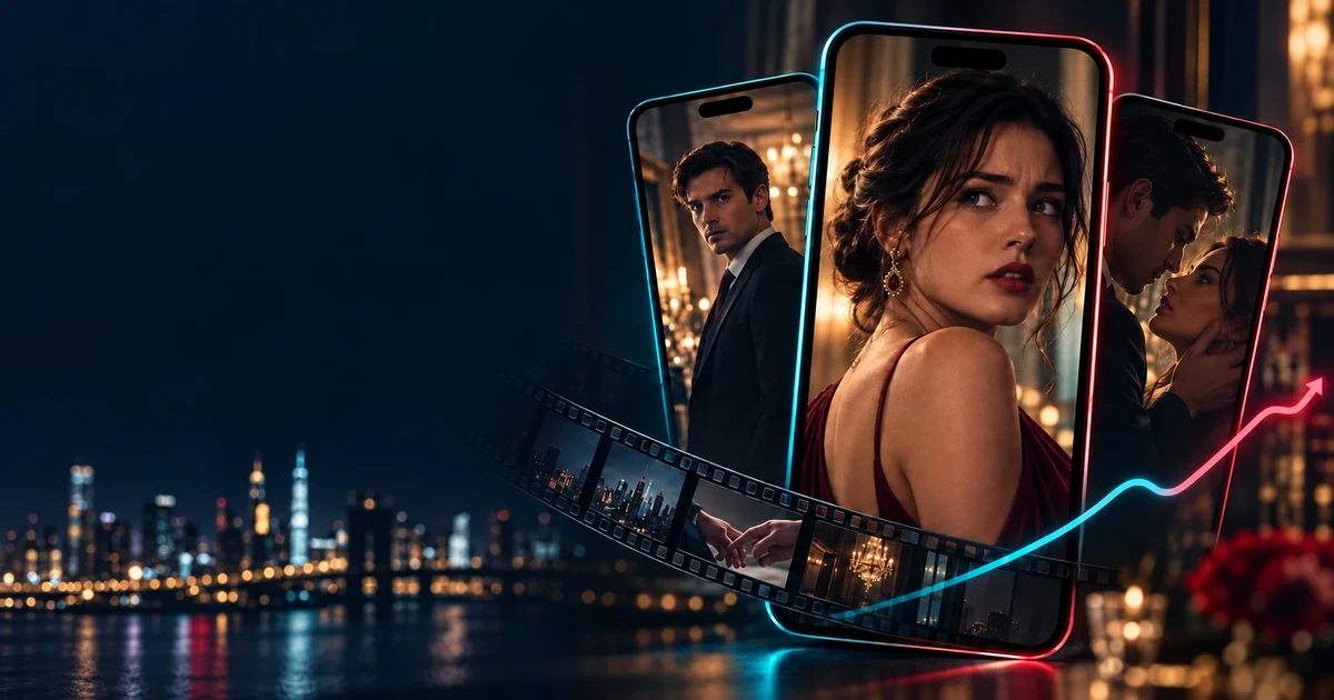 TikTok Growth Max micro drama ads cover with cinematic scenes on three phone screens