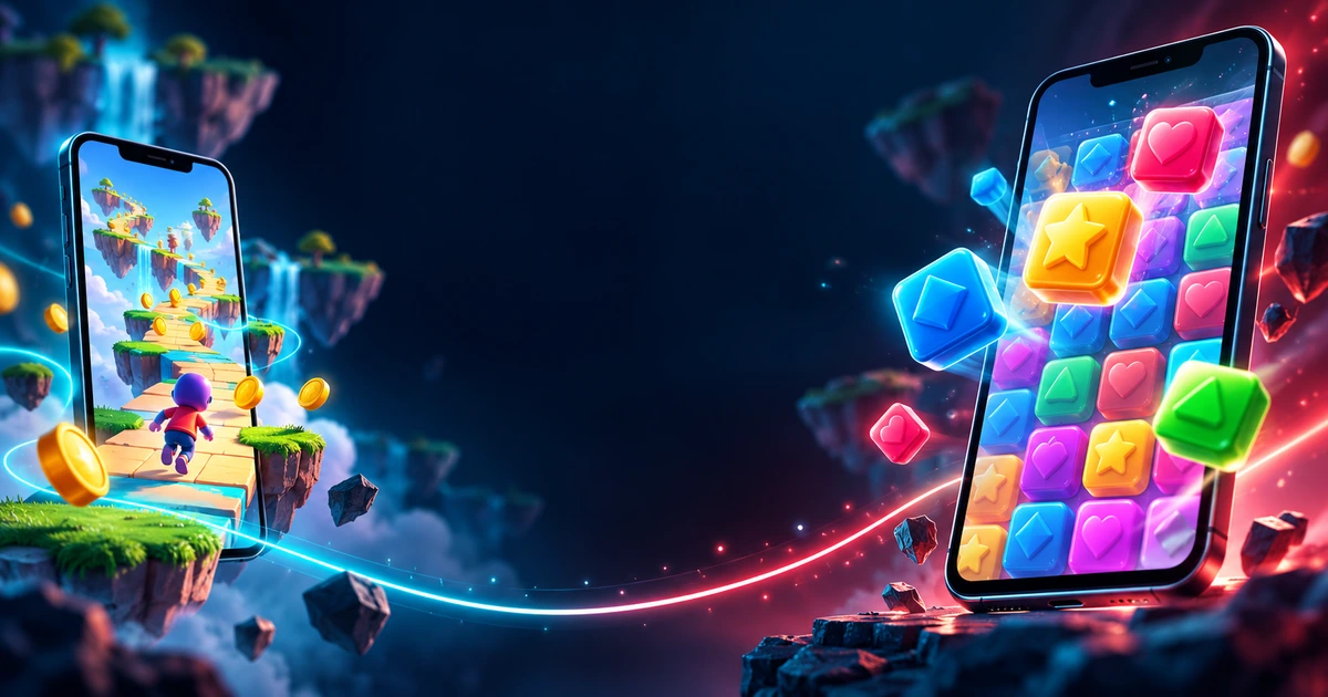 TikTok mini games ads cover with runner and puzzle games on two phone screens