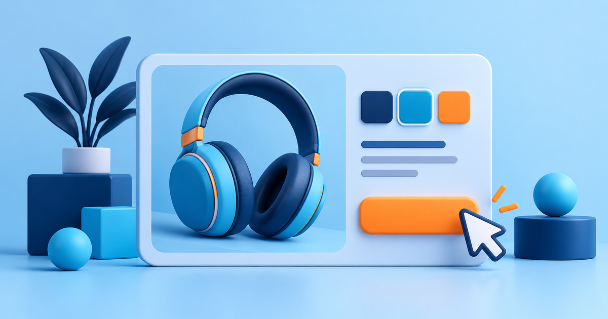 An ad design card with a clear product image, color swatches, a cursor and a prominent blank action button