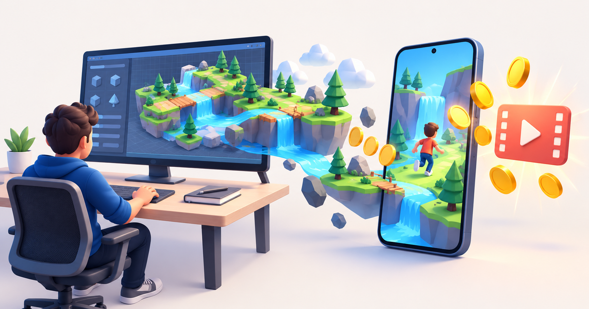 A casual game world flowing from a developer workstation into a phone