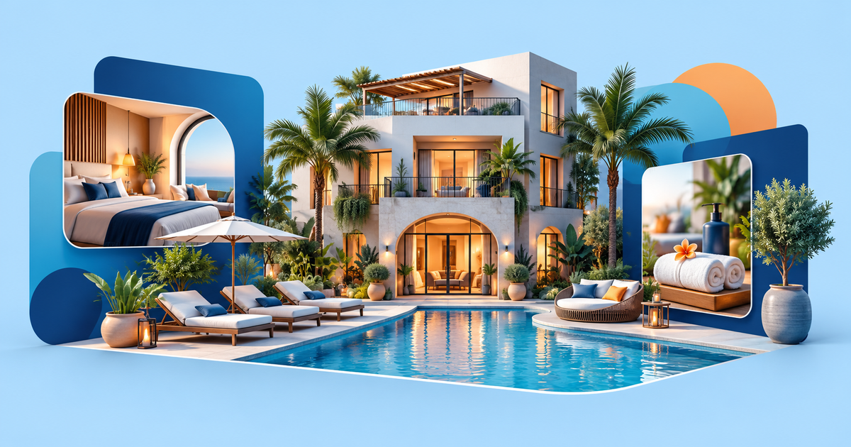 A boutique hotel building with a pool and hospitality imagery framed within abstract advertising cards