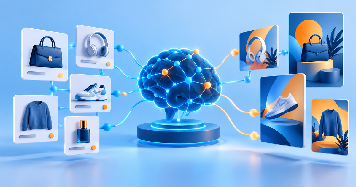 An abstract AI network connecting online shopping product tiles and advertising design cards