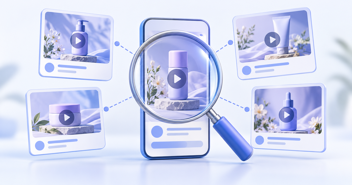 A magnifying glass connecting a central ad preview to visually related creative cards