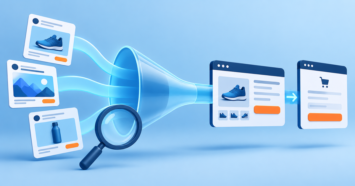 Public ad cards flowing through a translucent conversion funnel into a landing page and checkout, magnifying glass