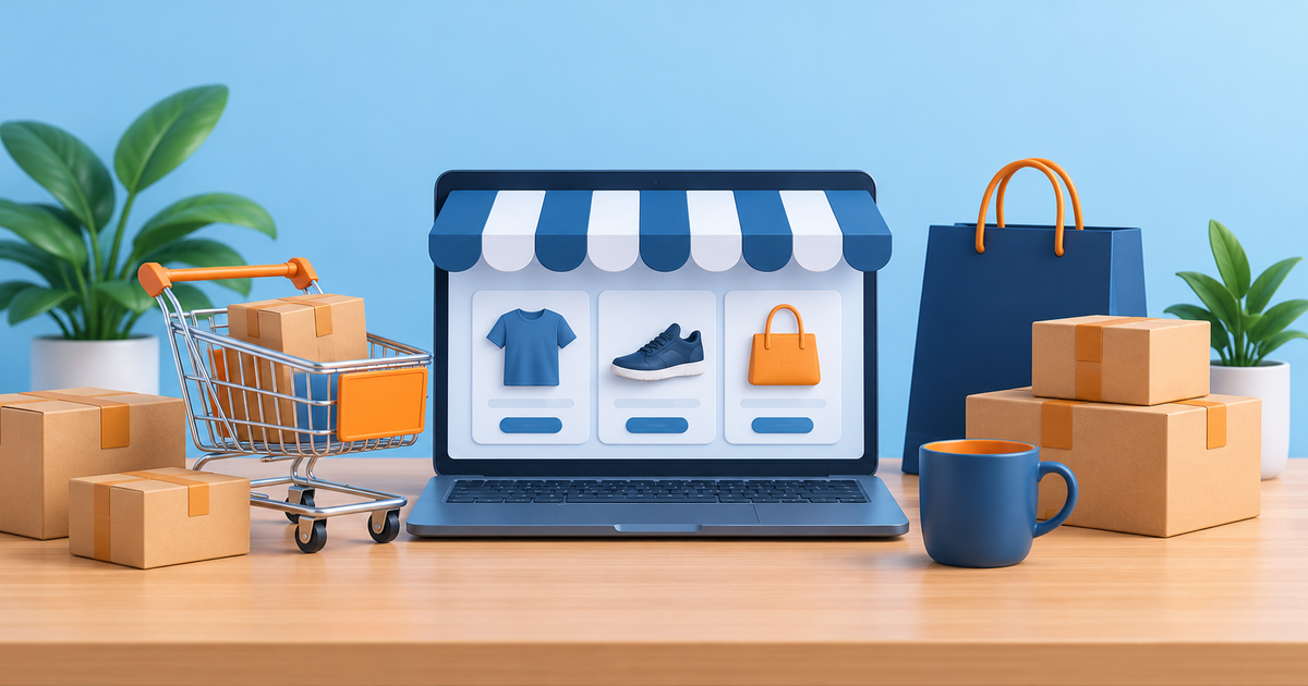 A small online storefront with product boxes, a shopping cart and a laptop on a welcoming desk