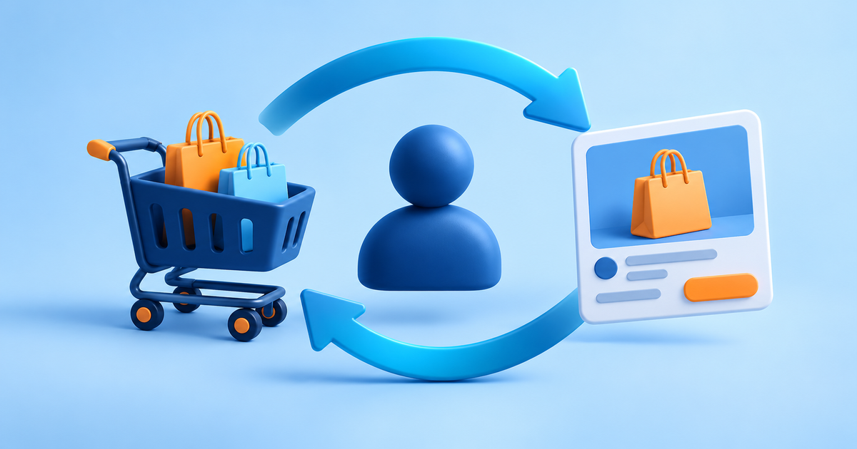 A returning circular arrow linking a shopping cart, an anonymous visitor icon and an advertising card