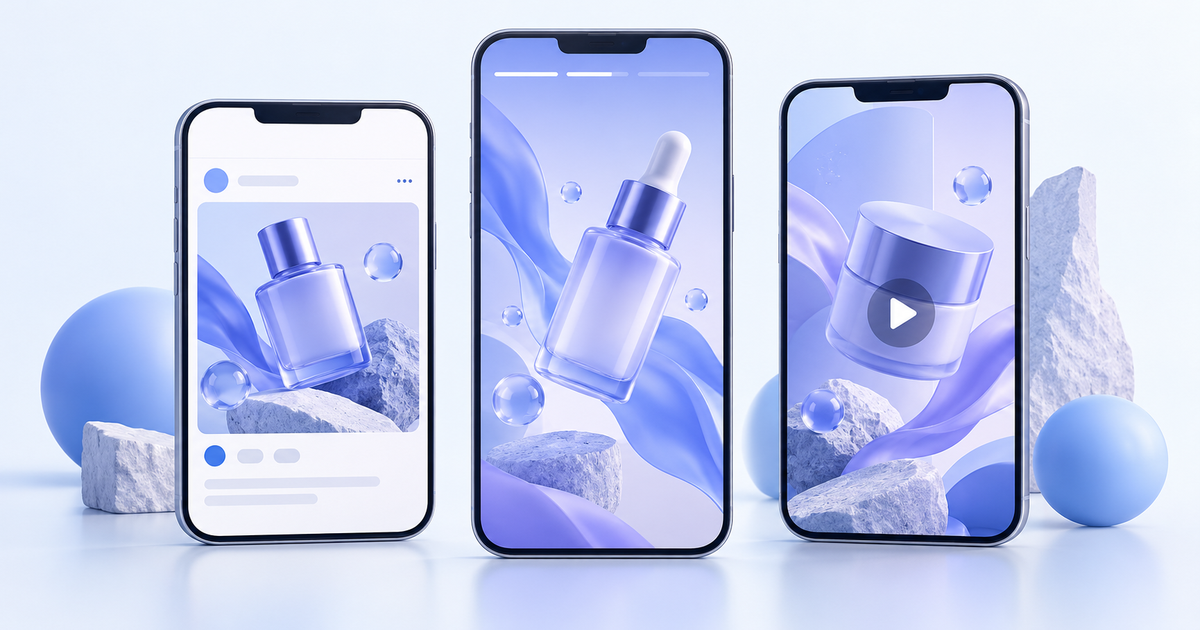 Three phone layouts illustrating feed, Stories and Reels ad formats