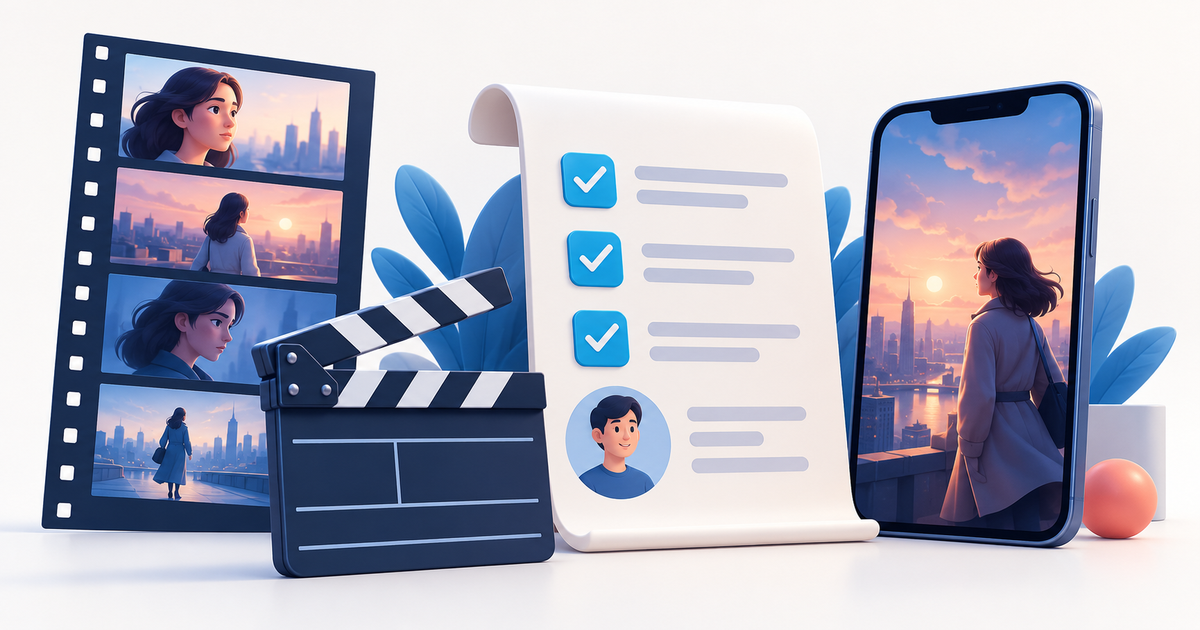A vertical film storyboard, onboarding checklist and drama phone screen