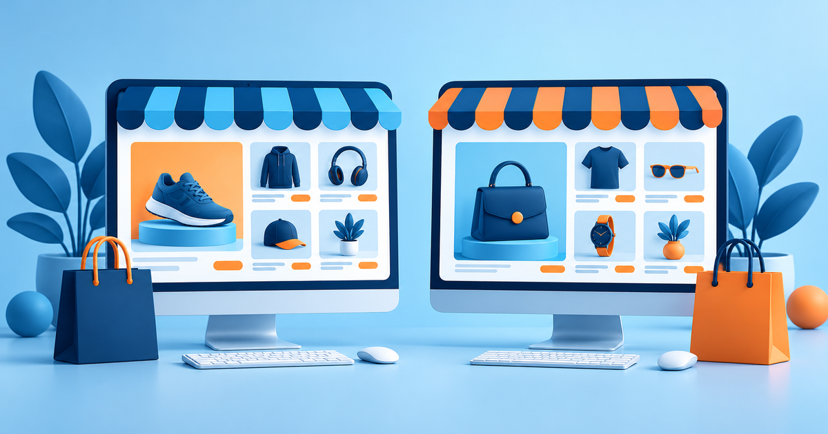 Two equally sized fictional storefront layouts side by side on computer screens with product tiles and a shopping bag