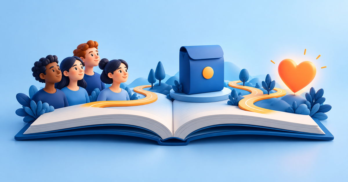 An open storybook with a winding narrative path connecting an audience portrait, a product and a simple heart symbol