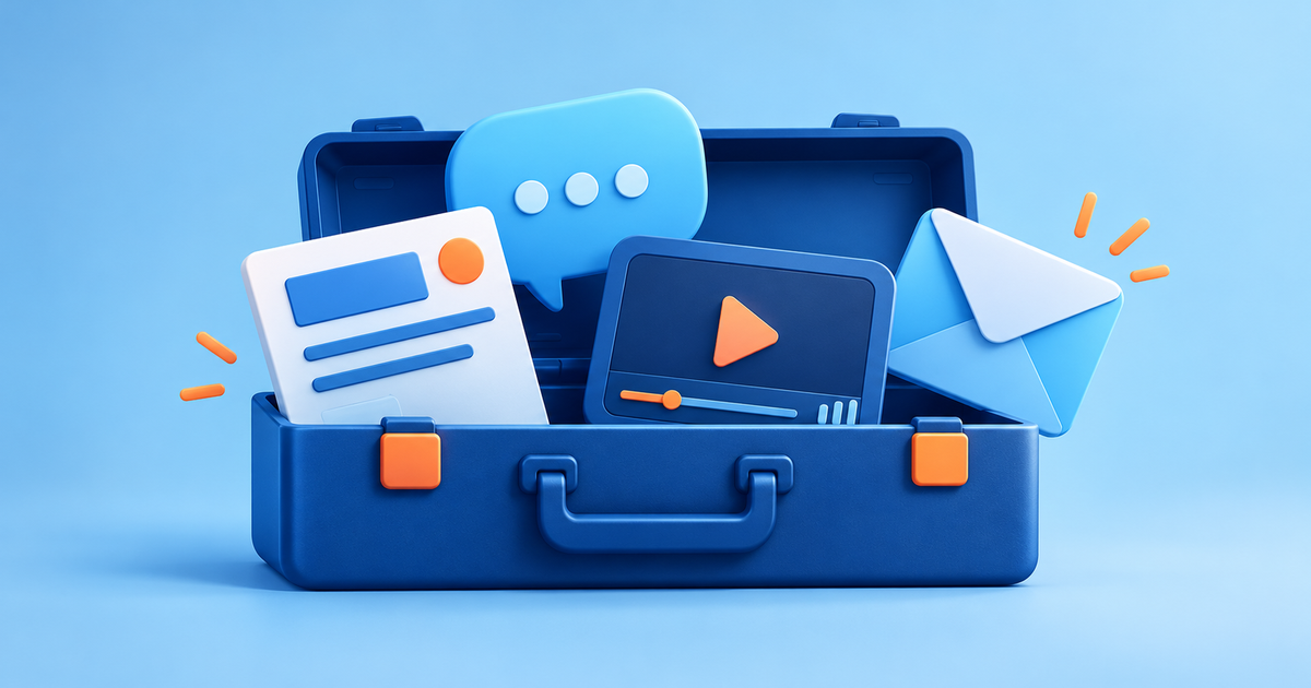 An open creative toolbox holding a title card, speech bubble, video frame and email envelope