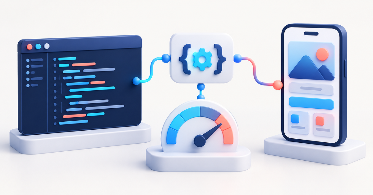 A developer terminal, configuration brackets, mobile app and performance gauge