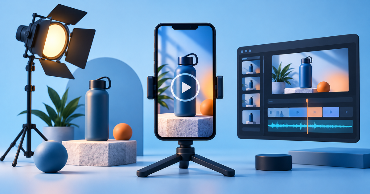 A vertical phone video composition with a product scene, play symbol, lighting stand and editing timeline