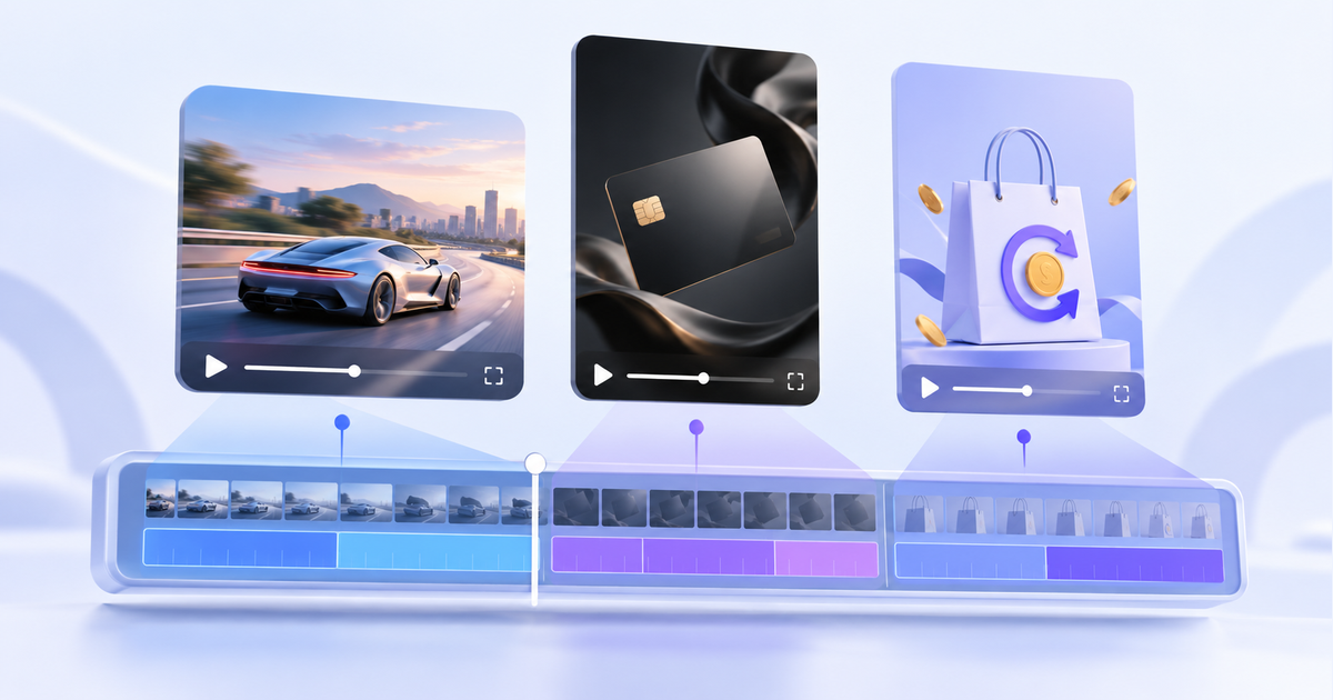 Three illustrative video previews above an editing timeline