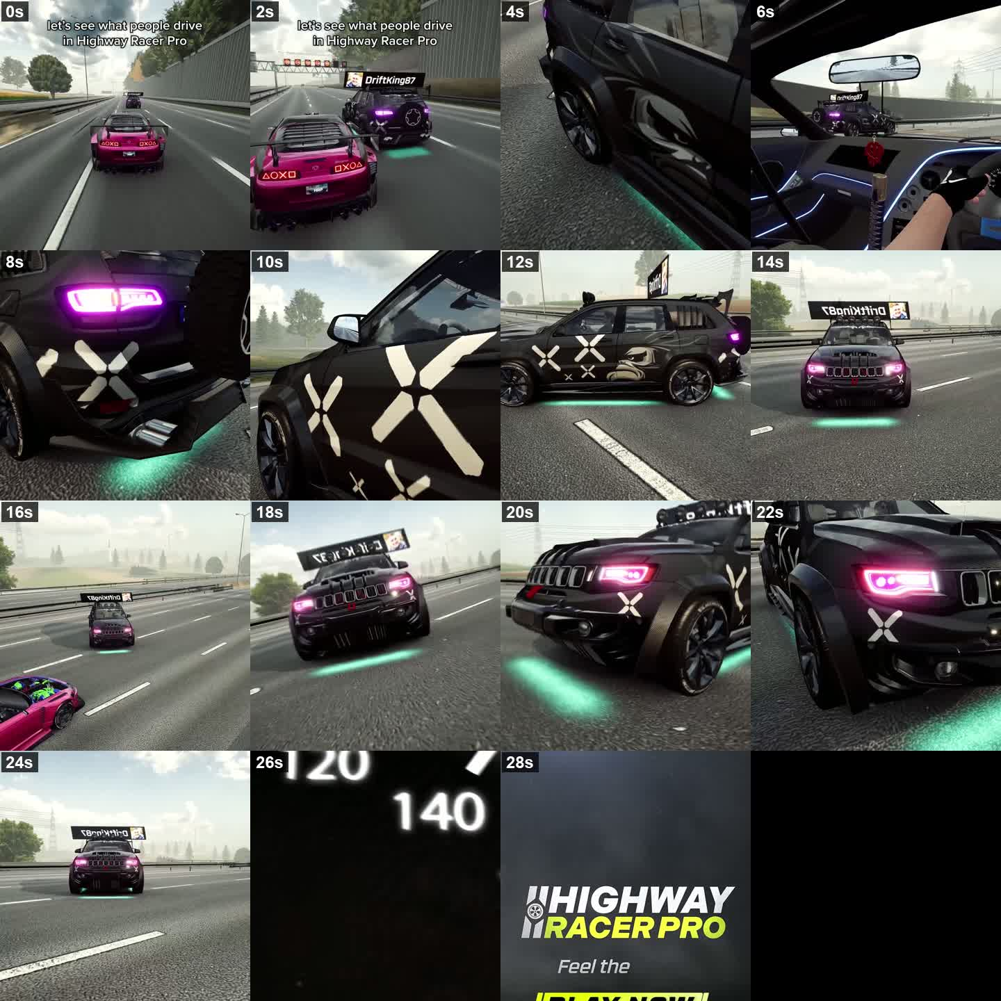 Timeline of the Highway Racer Pro ad sampled every two seconds, showing the opening text overlay, the customised car from multiple angles, and the logo end card.