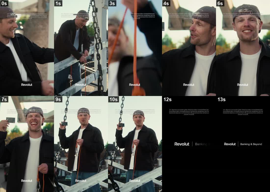 Timeline of the Revolut ad showing the man working a rope on a bridge, the metal card reveal, and the black end card with the Revolut wordmark.