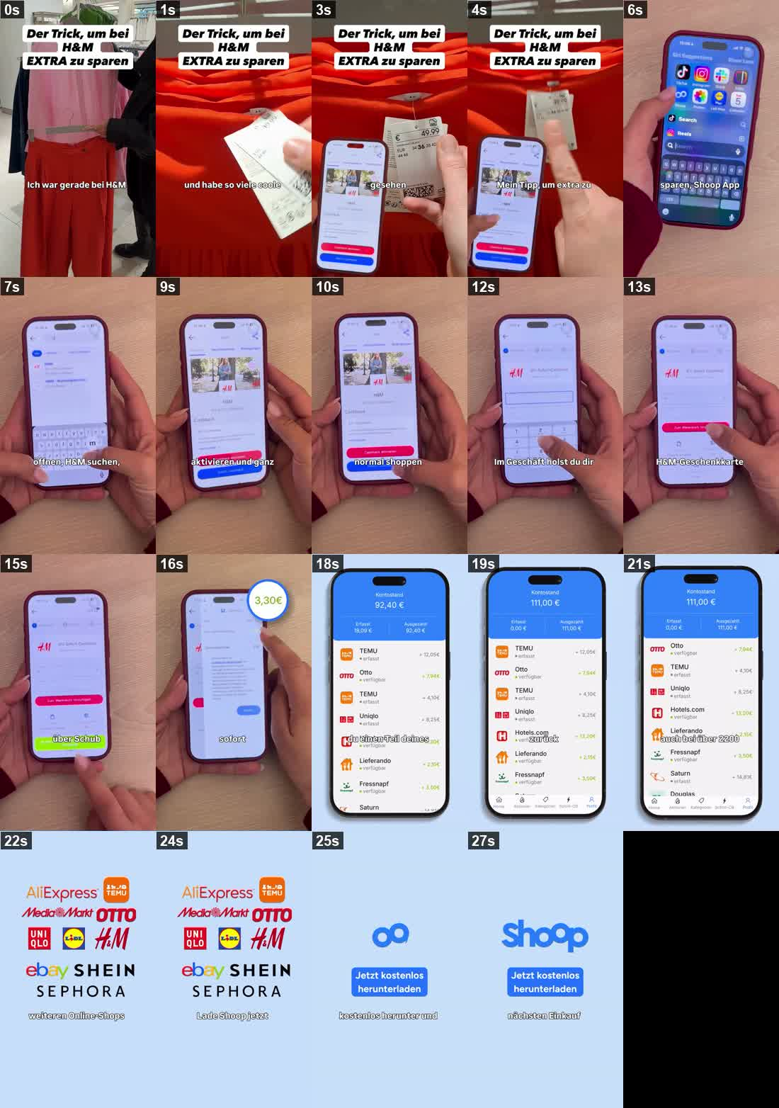 Timeline of the Shoop ad: H&M store footage, app screen recordings, a balance screen showing earnings, and a partner-logo end card.