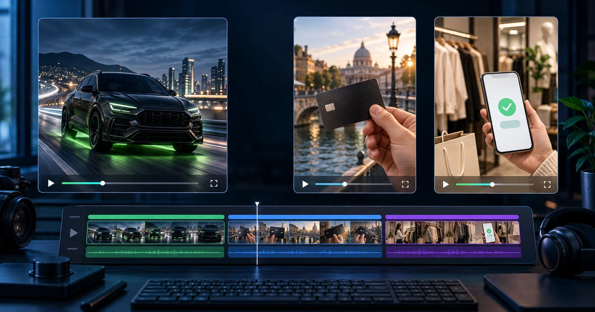 Video ad previews for a racing game, a metal bank card, and a cashback app above an editing timeline