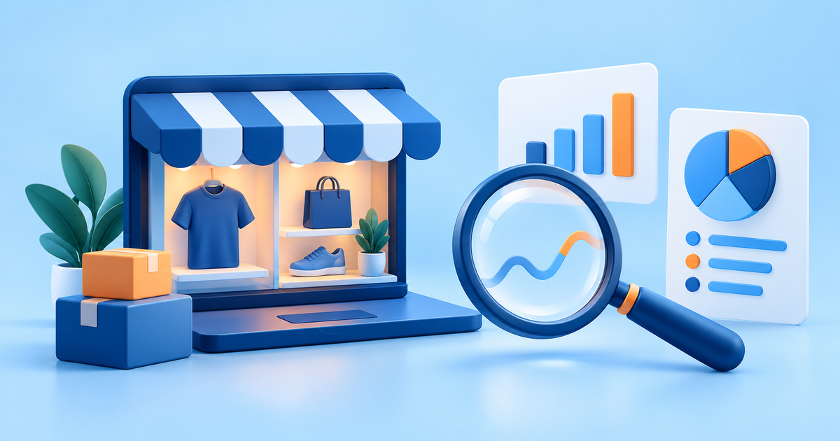 An anonymous online storefront beside an analytics lens and simple neutral research chart cards