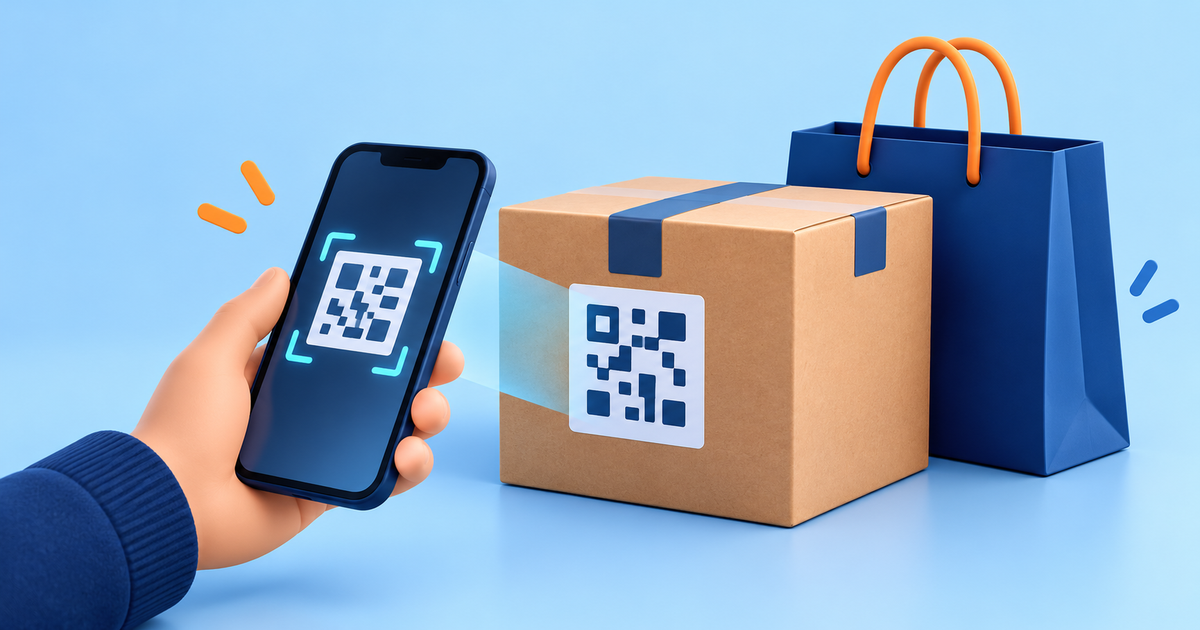 A phone scanning an abstract nonfunctional QR-like square on a shopping parcel beside a shopping bag