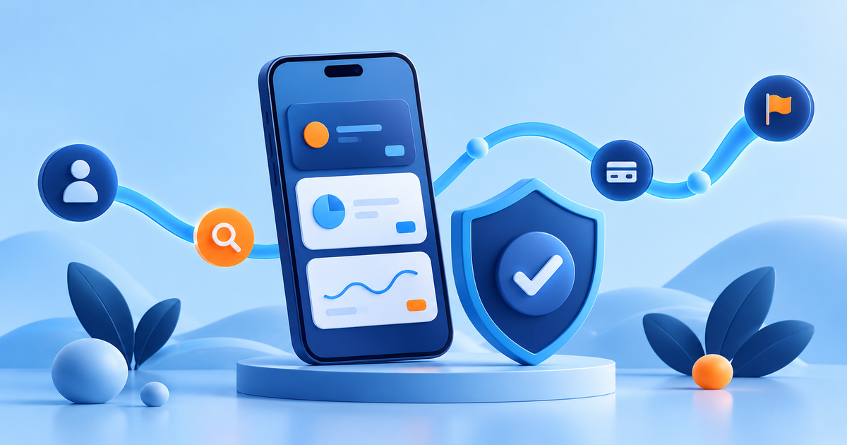 A phone with a fictional finance interface of simple cards beside a shield and flowing user journey path