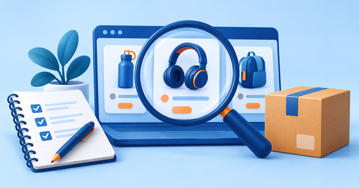 A magnifying glass over marketplace product cards, a product parcel and a research notebook