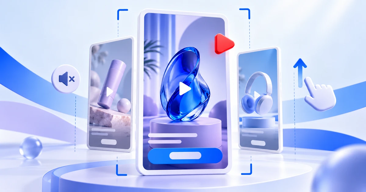 Three vertical video ad cards with product visuals, play buttons, muted audio and a swipe gesture