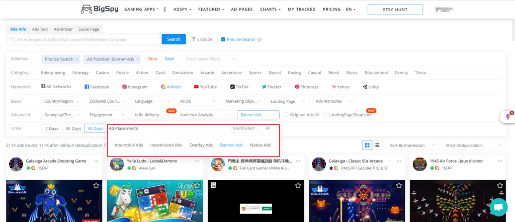 User can check different admob ads fomat on bigspy