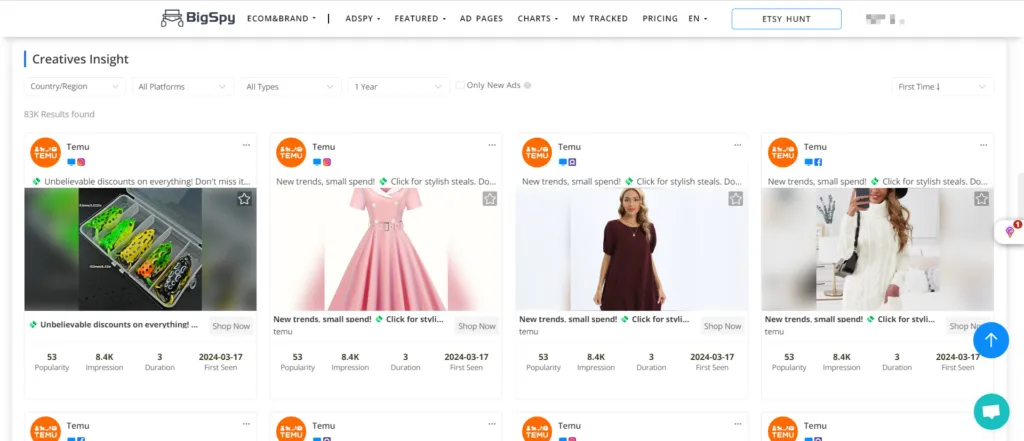 Temu's ads from BigSpy