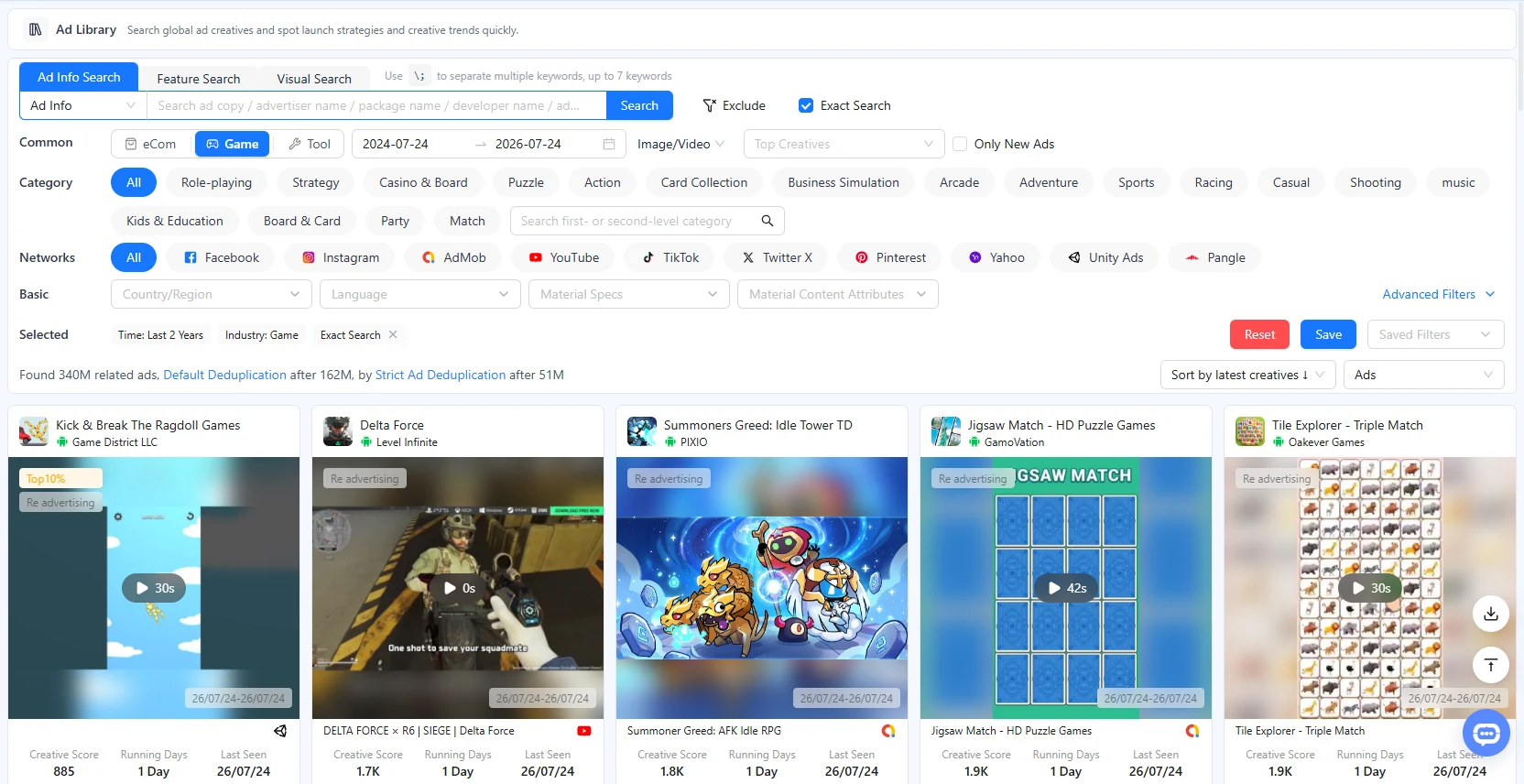 BigSpy Ad Library search filters and ad results