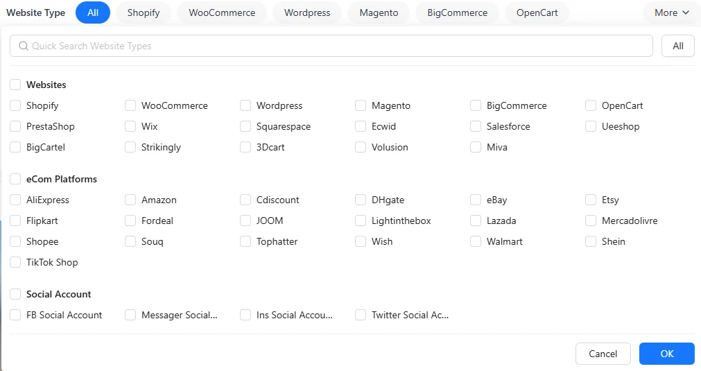 BigSpy E-commerce Website Type filter