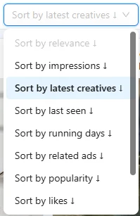 BigSpy Sort By options