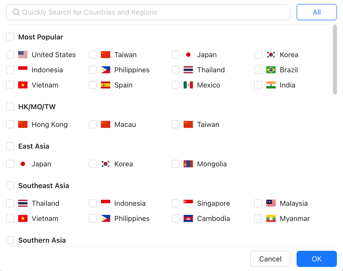 BigSpy 域名分析的投放国家或地区选择器