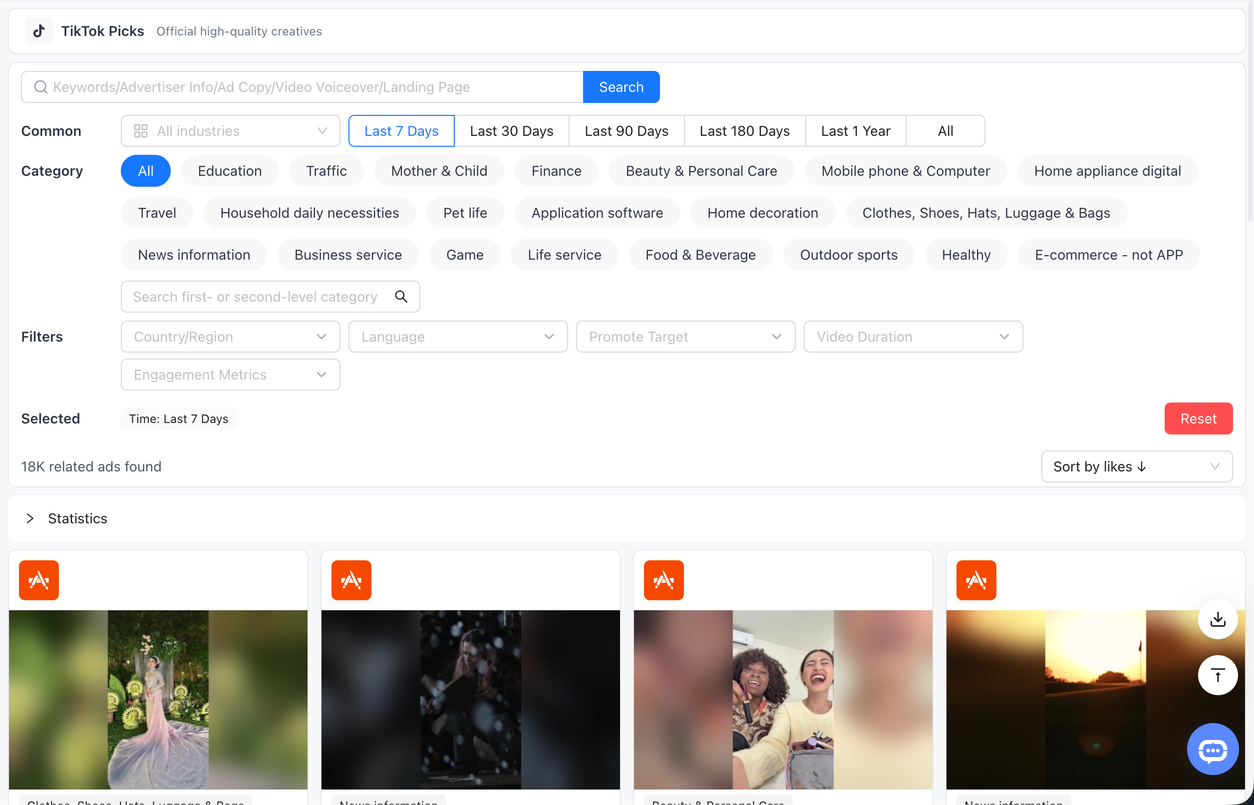 TikTok Picks full page and loaded creative results