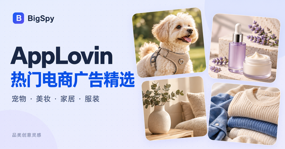 AppLovin 热门电商广告精选图文封面,搭配宠物、美妆、家居和服装的示意商品图片