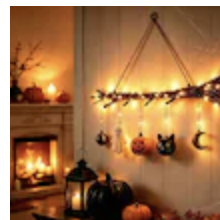 Lighted Halloween witch broom wall hanging