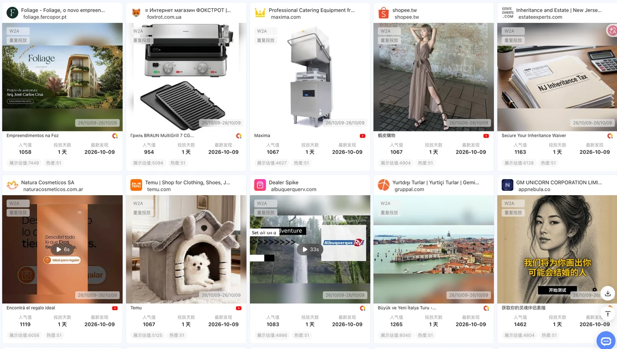 BigSpy advertising creatives across real estate, appliances, fashion, pet products, travel, and services