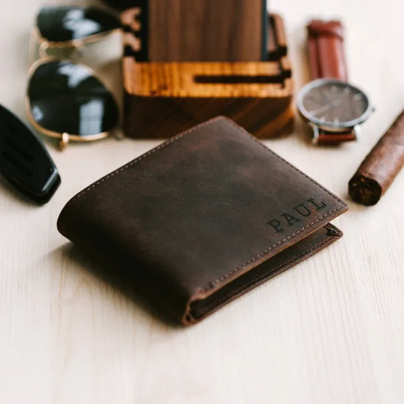Personalized brown leather wallet used in a BigSpy product research report