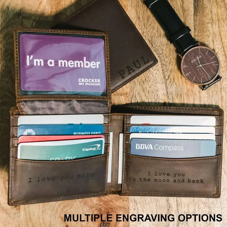 Open personalized leather wallet