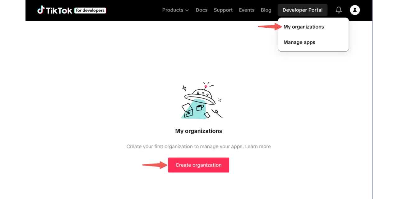 TikTok Developer Portal organization setup interface